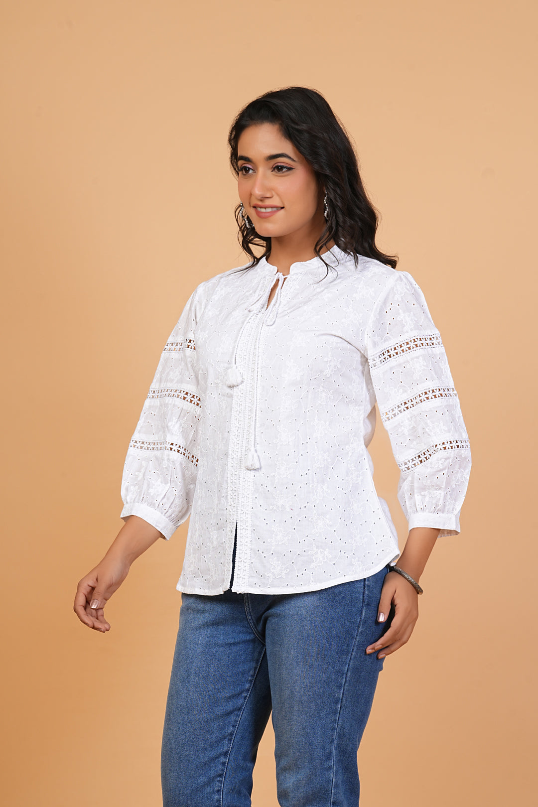 Women's White Cotton Schiffli Embroidered Shirt Top