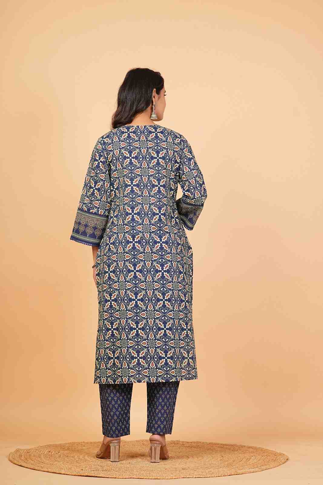 Women’s Navy Blue Cotton Printed Suit Set with Dupatta