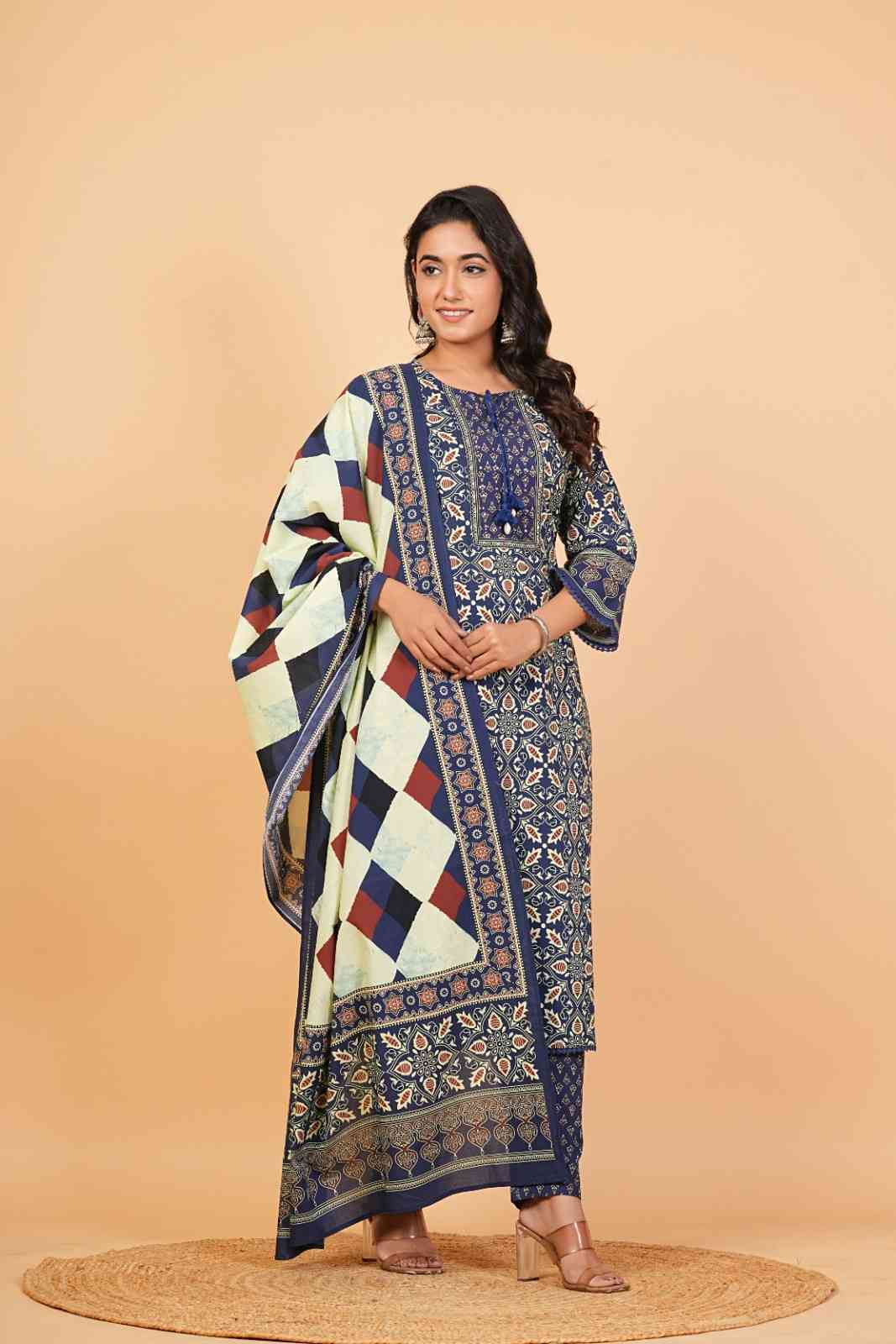 Women’s Navy Blue Cotton Printed Suit Set with Dupatta