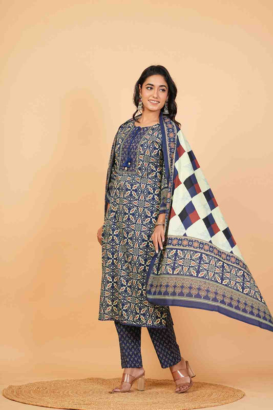 Women’s Navy Blue Cotton Printed Suit Set with Dupatta