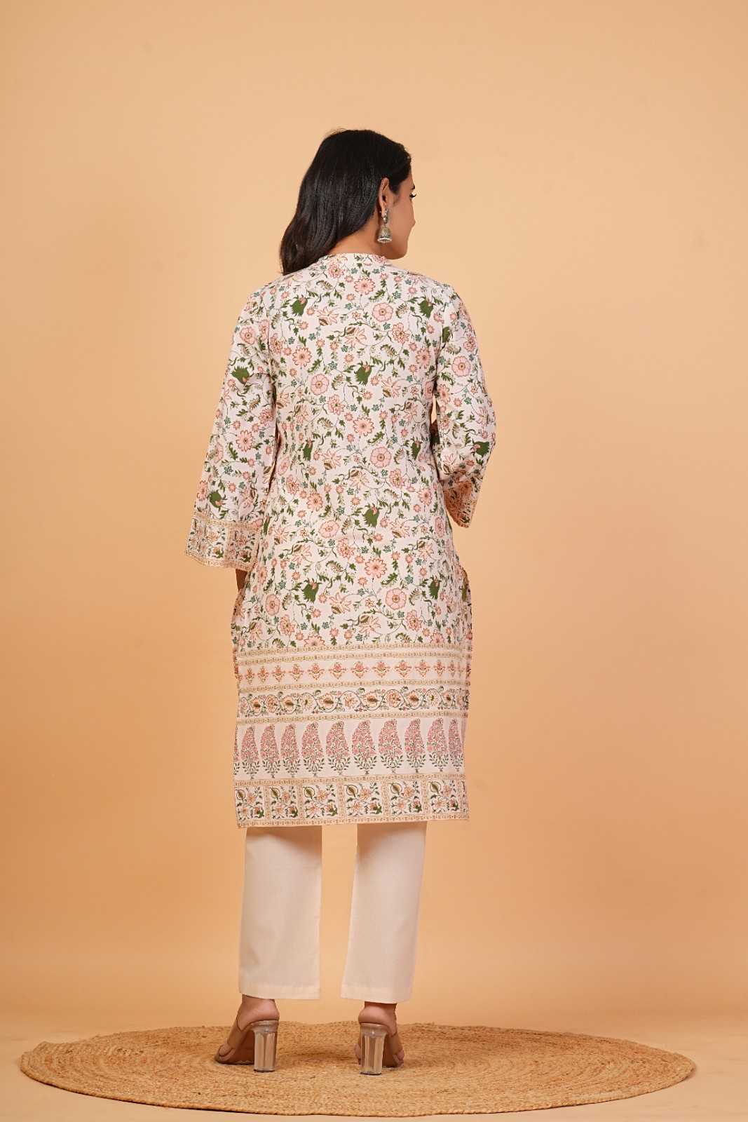 Kalparun Women’s Cream Cotton Floral Printed Suit Set with Dupatta