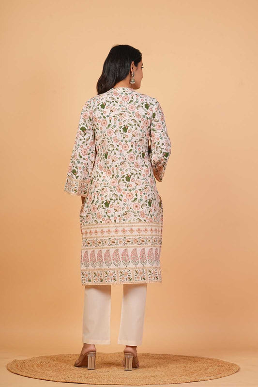 Kalparun Women’s Cream Cotton Floral Printed Suit Set with Dupatta