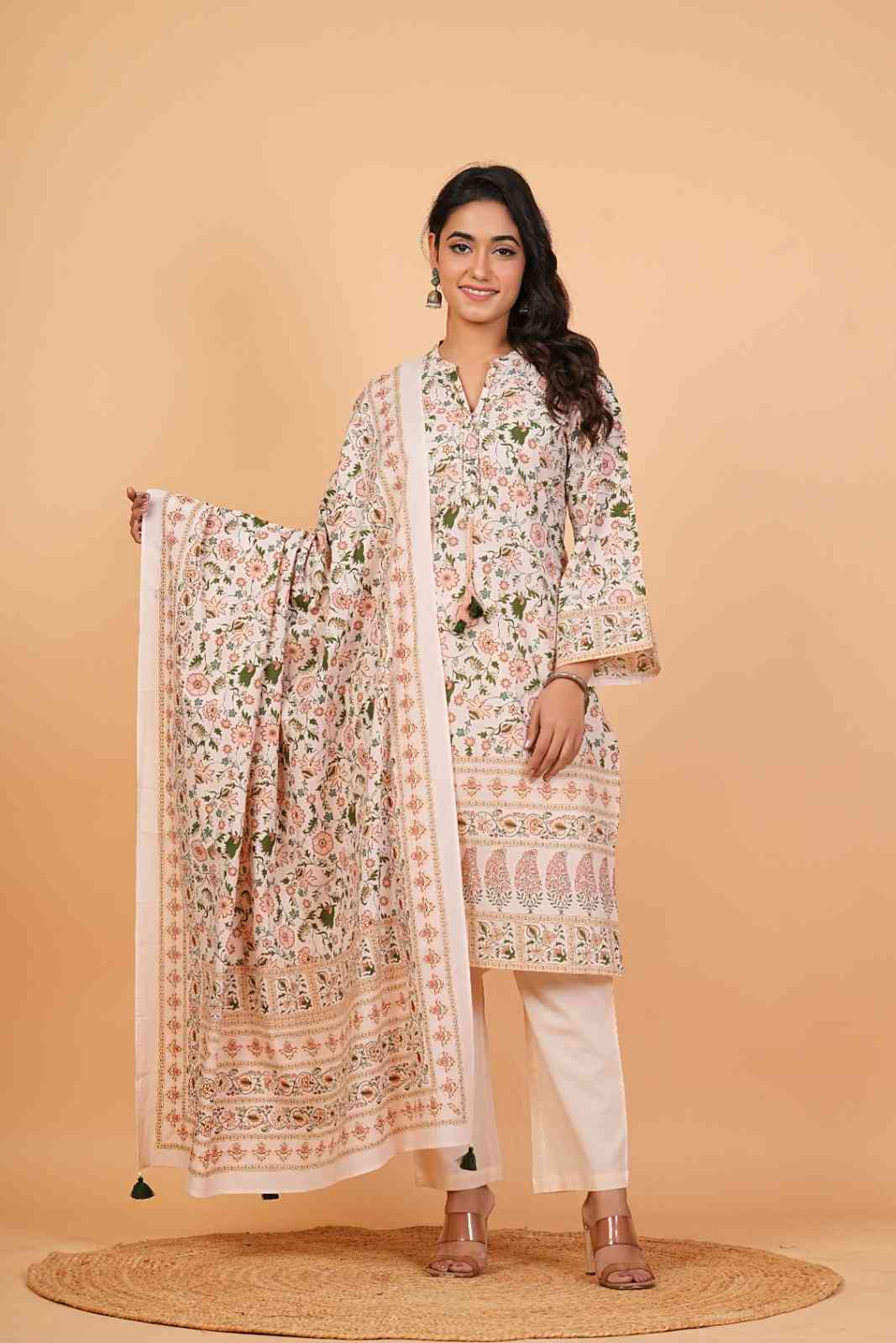 Kalparun Women’s Cream Cotton Floral Printed Suit Set with Dupatta