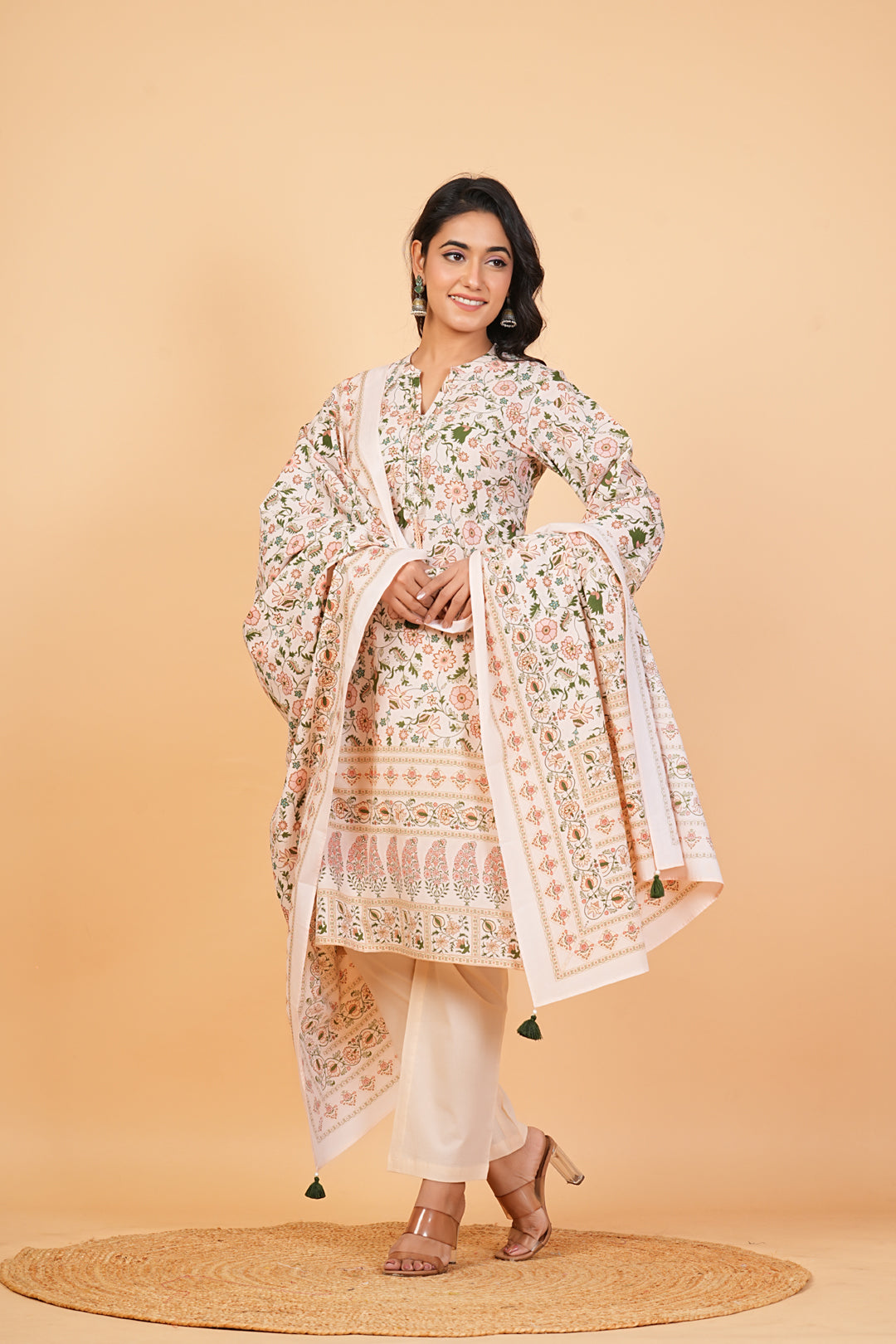 Kalparun Women’s Cream Cotton Floral Printed Suit Set with Dupatta
