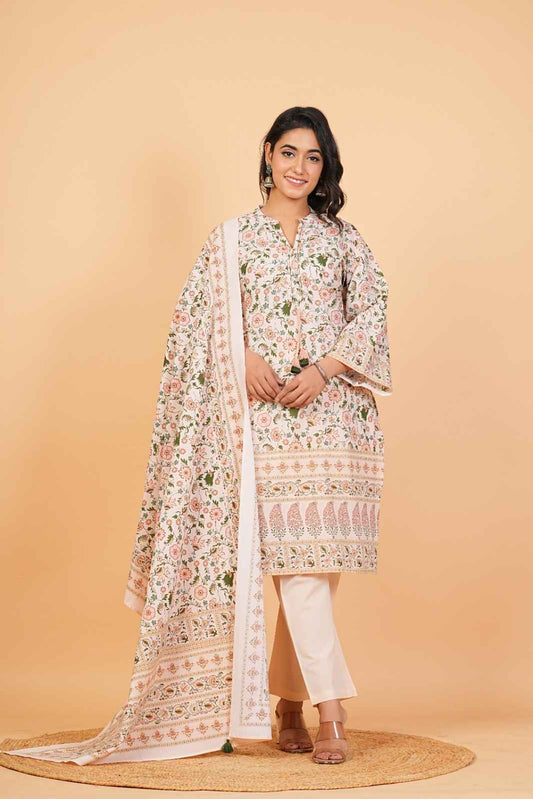 Kalparun Women’s Cream Cotton Floral Printed Suit Set with Dupatta