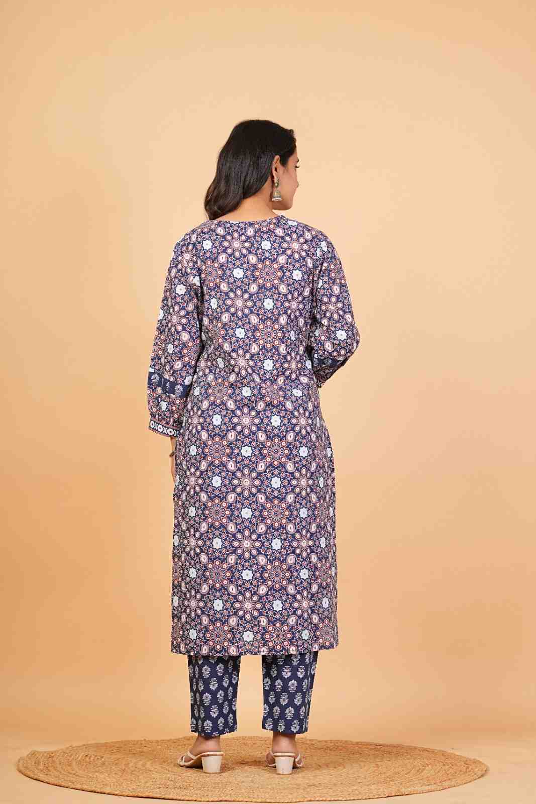 Kalparun Women’s Navy Blue Cotton Printed Suit Set with Dupatta