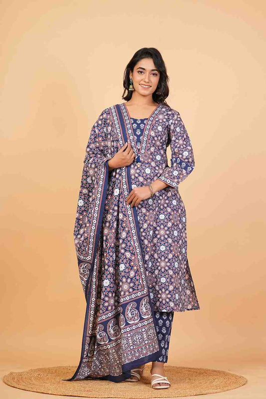 Kalparun Women’s Navy Blue Cotton Printed Suit Set with Dupatta