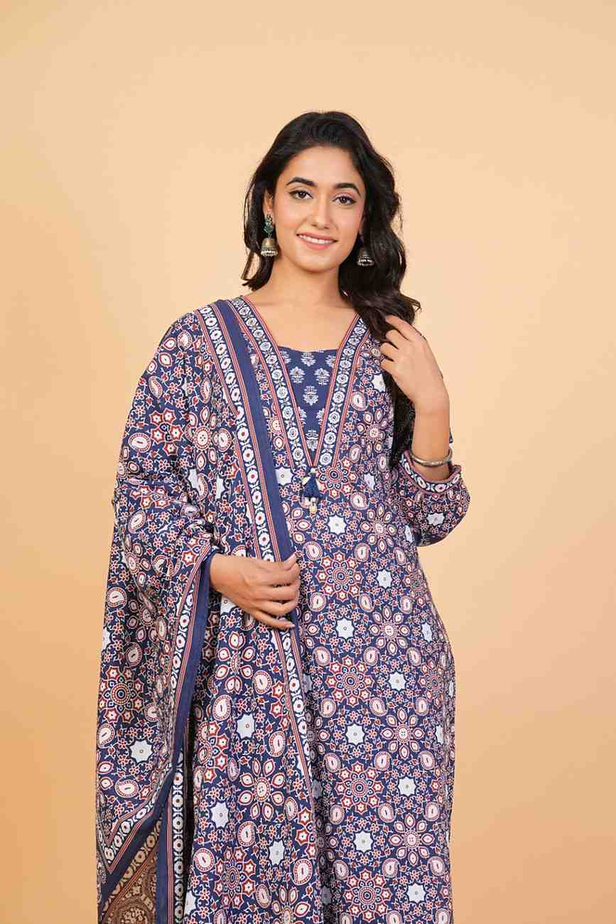 Kalparun Women’s Navy Blue Cotton Printed Suit Set with Dupatta