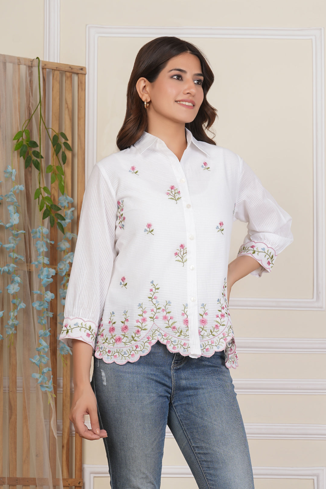 Women's White Floral Cotton Embroidered Shirt Top