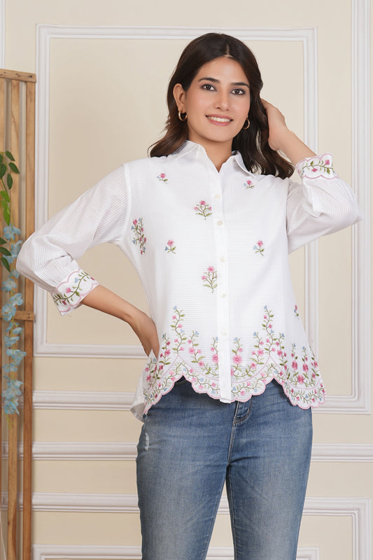 Women's White Floral Cotton Embroidered Shirt Top