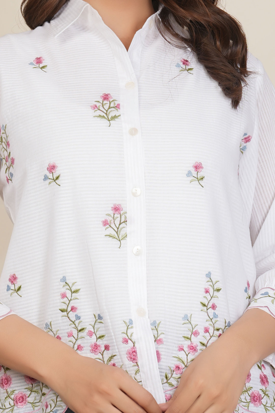 Women's White Floral Cotton Embroidered Shirt Top