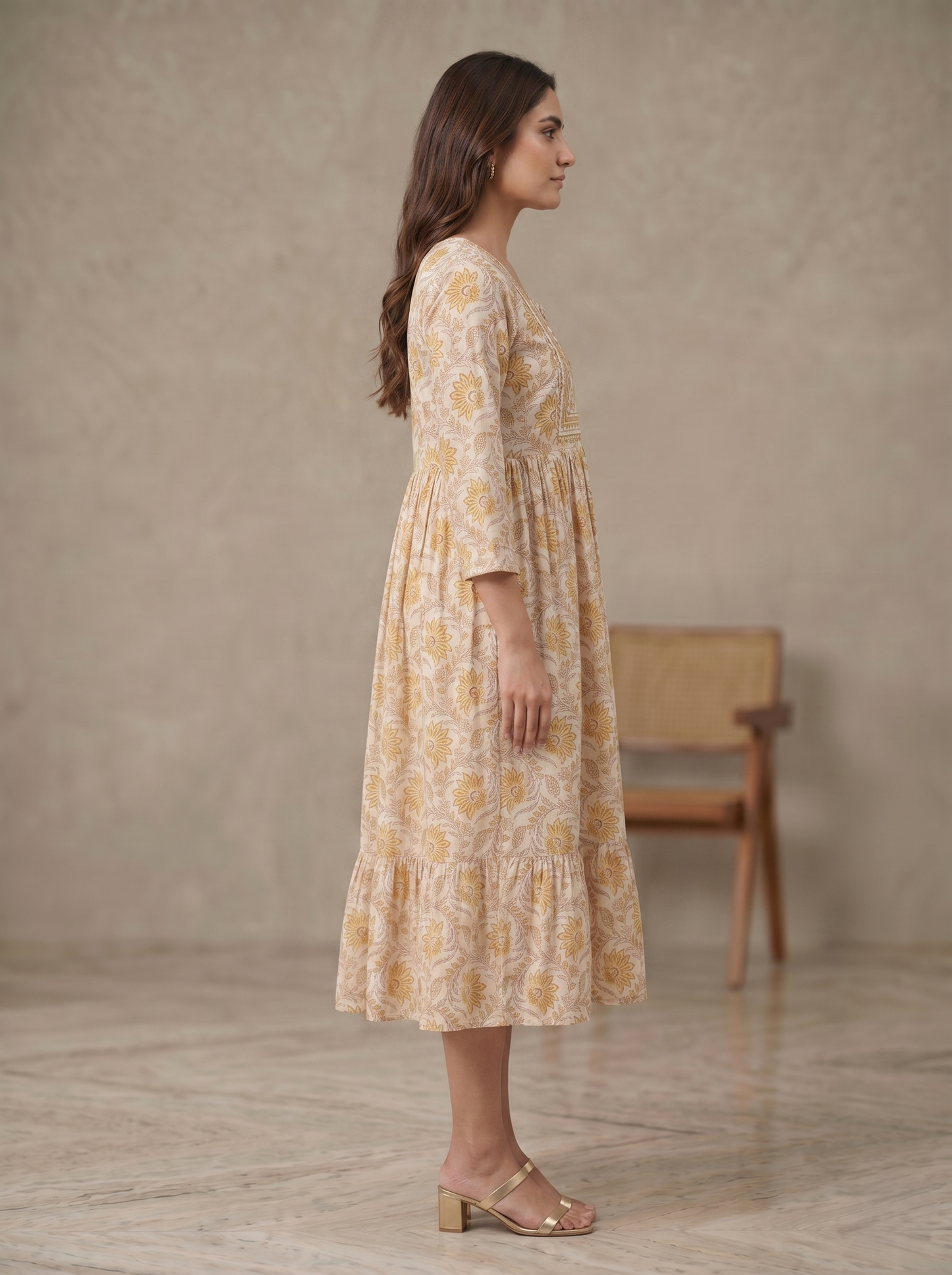 Women's Beige Viscose Rayon Floral Print Midi Dress