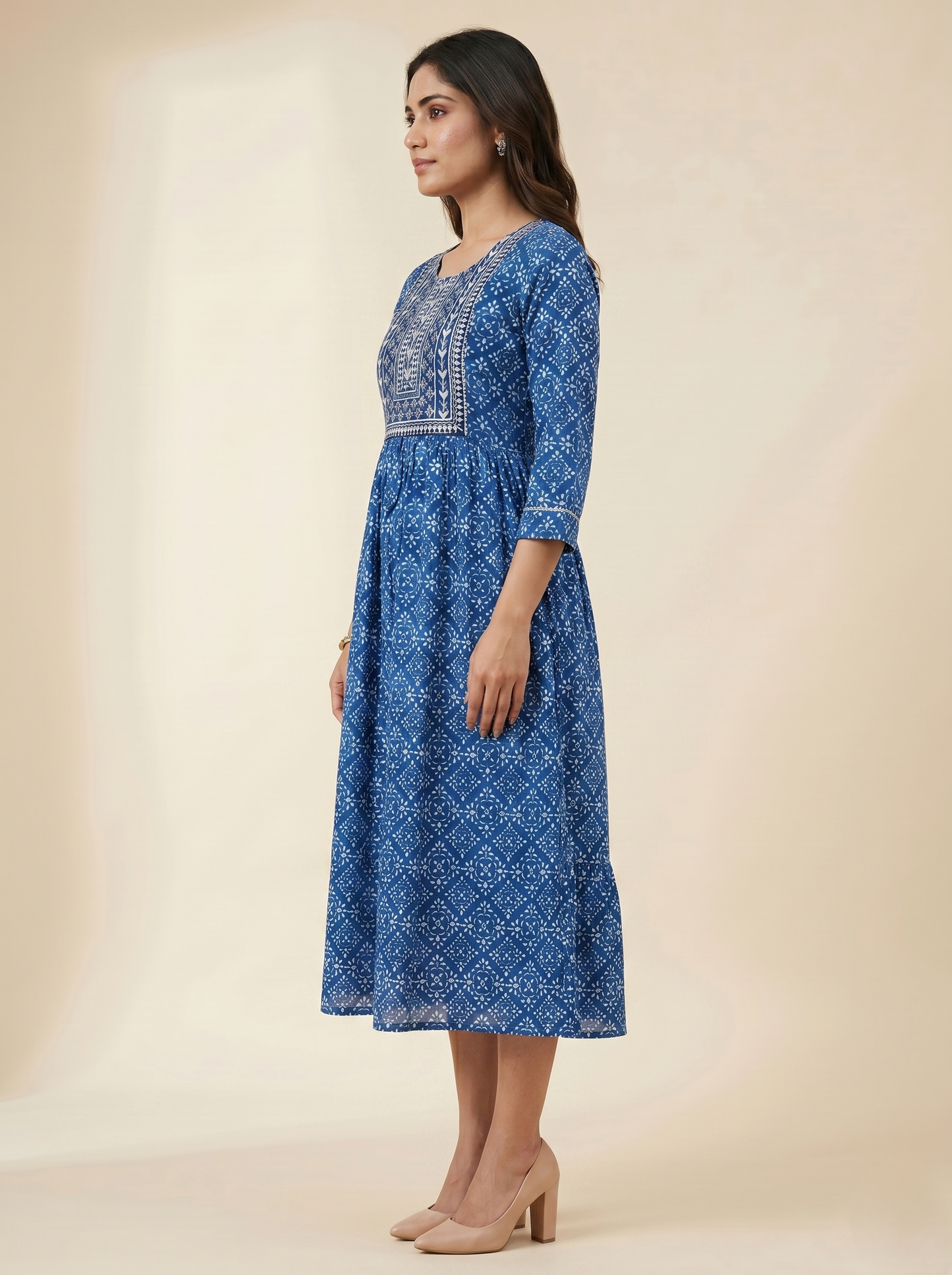 Women's Blue Viscose Rayon Ethnic Print Midi Dress
