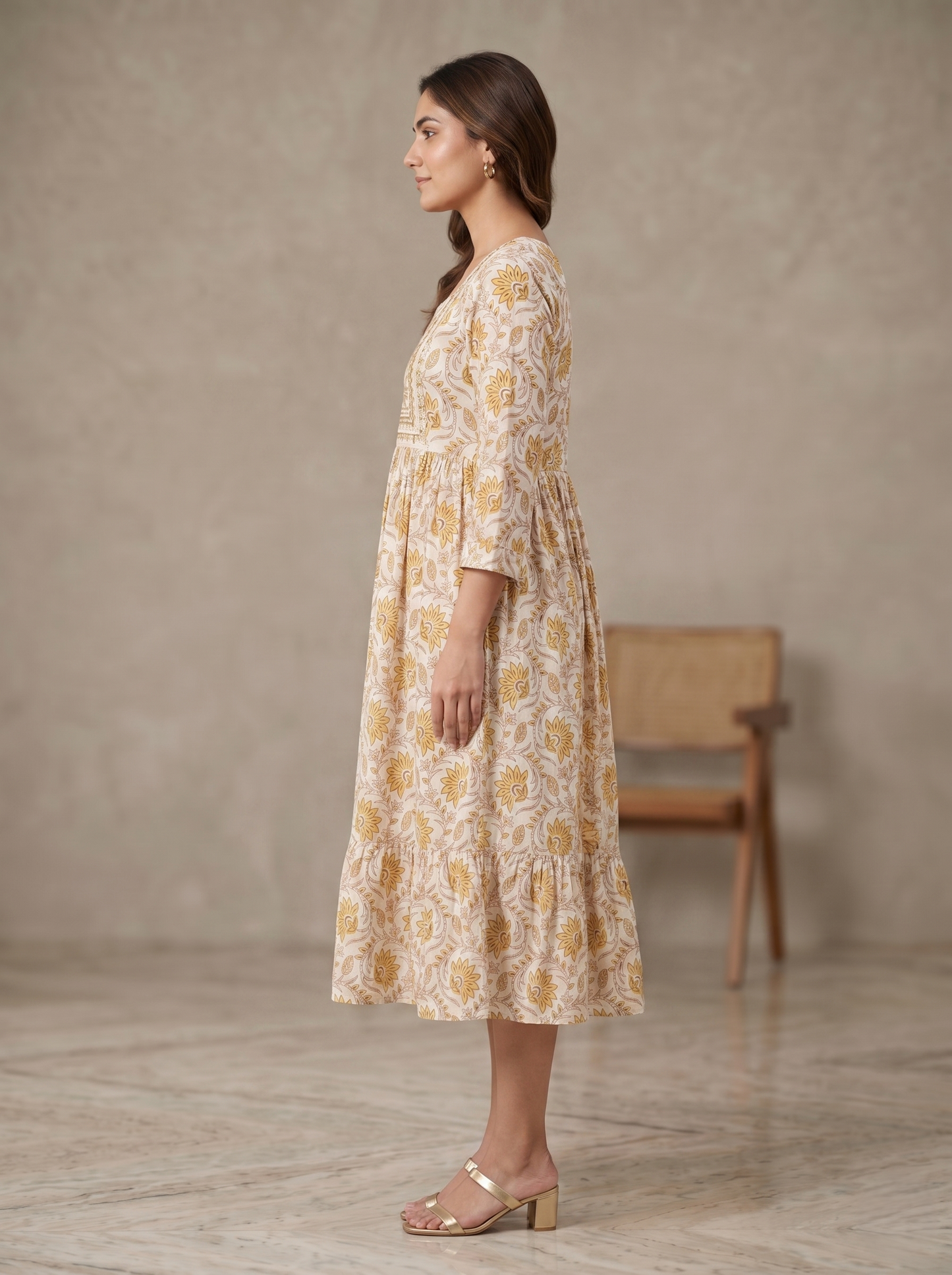 Women's Beige Viscose Rayon Floral Print Midi Dress