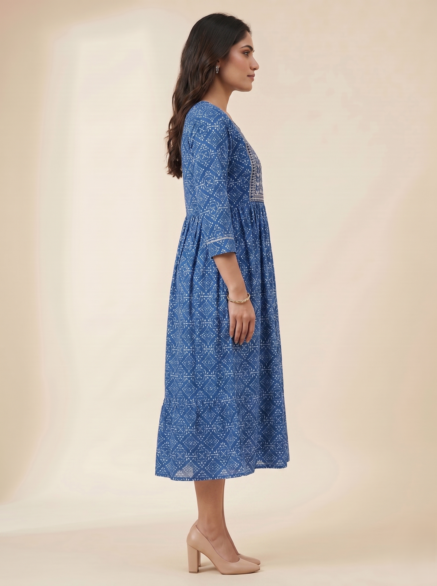 Women's Blue Viscose Rayon Ethnic Print Midi Dress