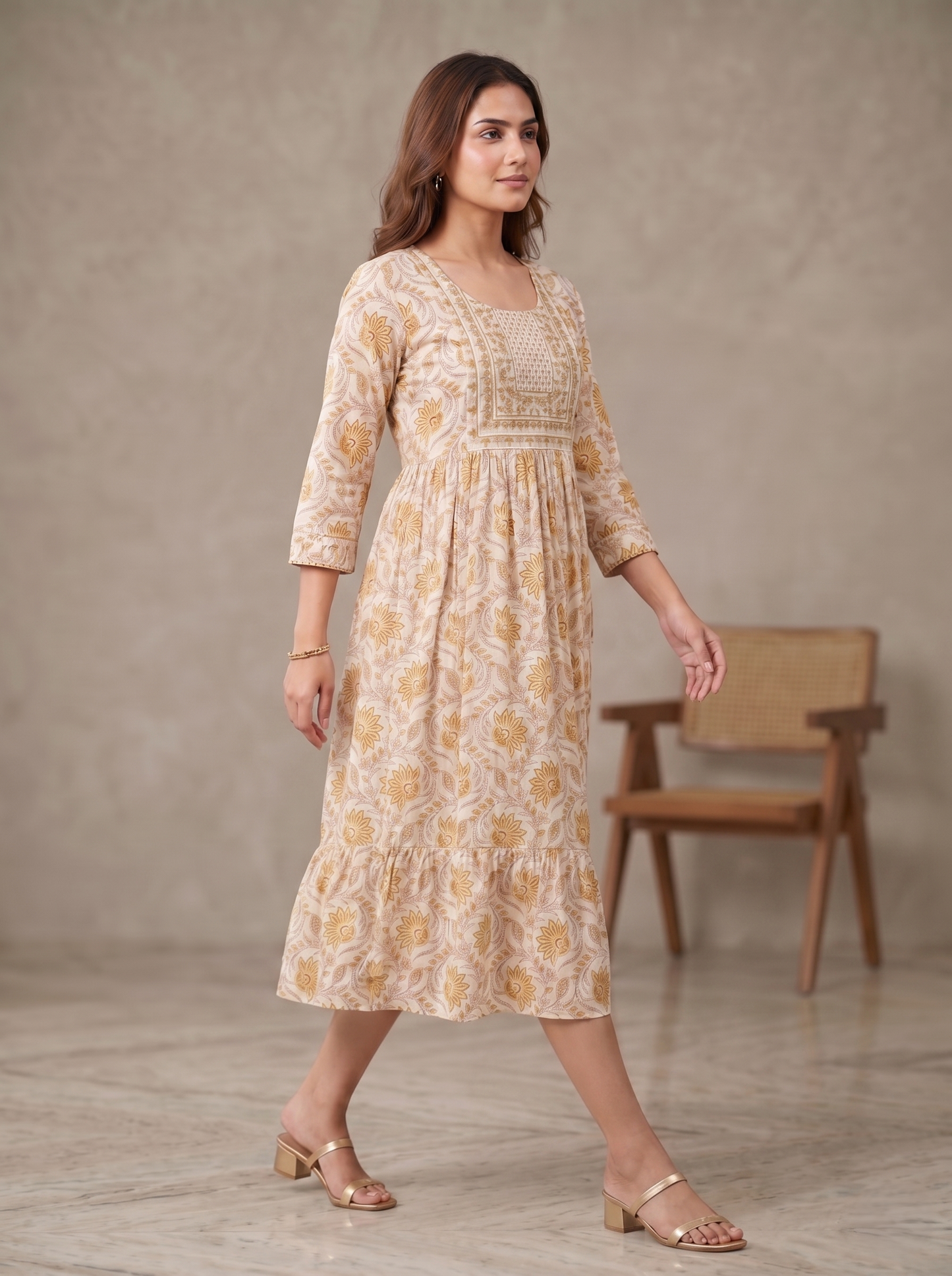 Women's Beige Viscose Rayon Floral Print Midi Dress