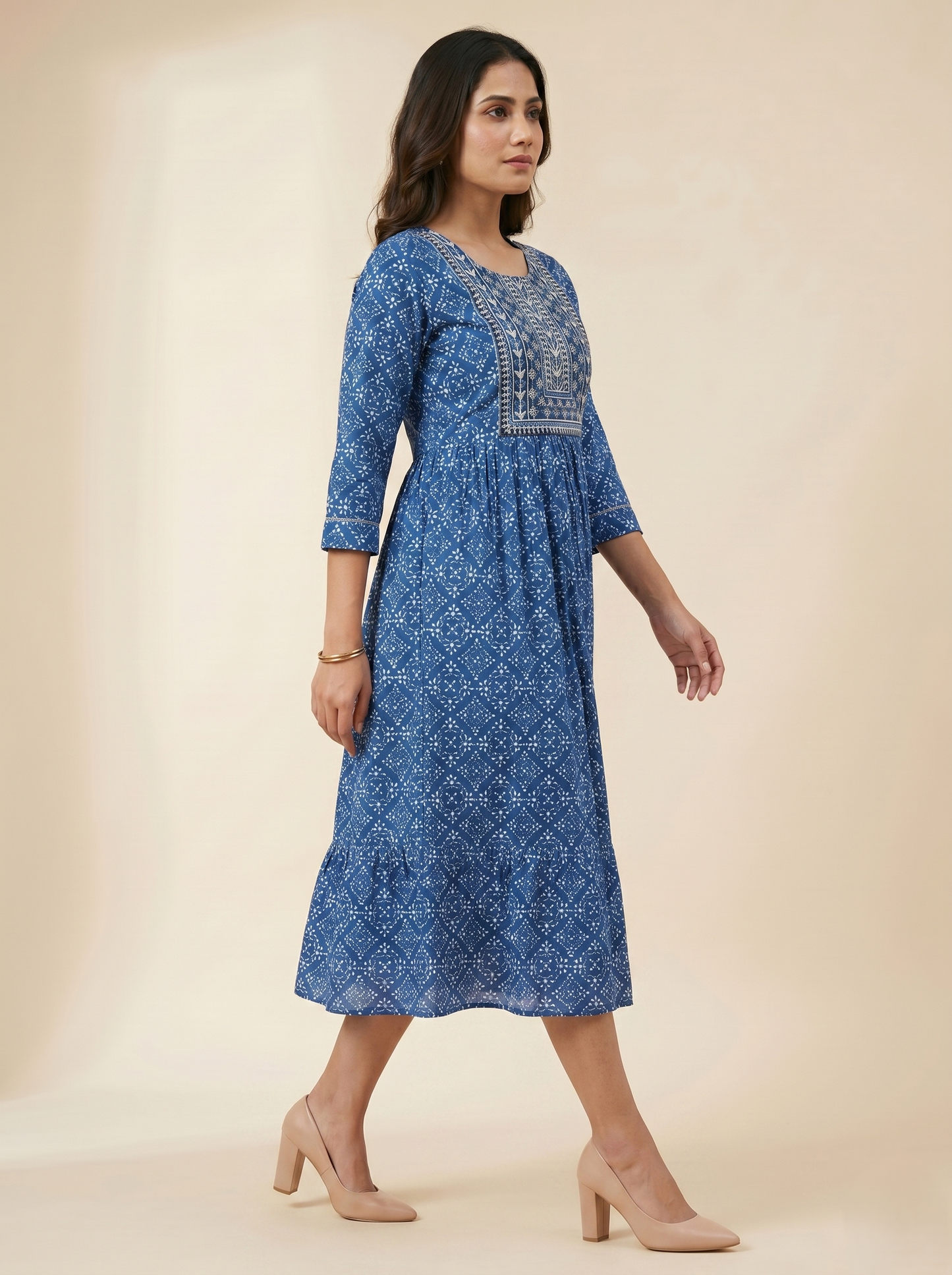 Women's Blue Viscose Rayon Ethnic Print Midi Dress