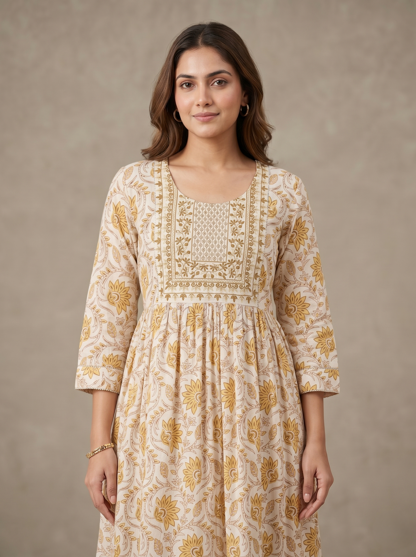 Women's Beige Viscose Rayon Floral Print Midi Dress