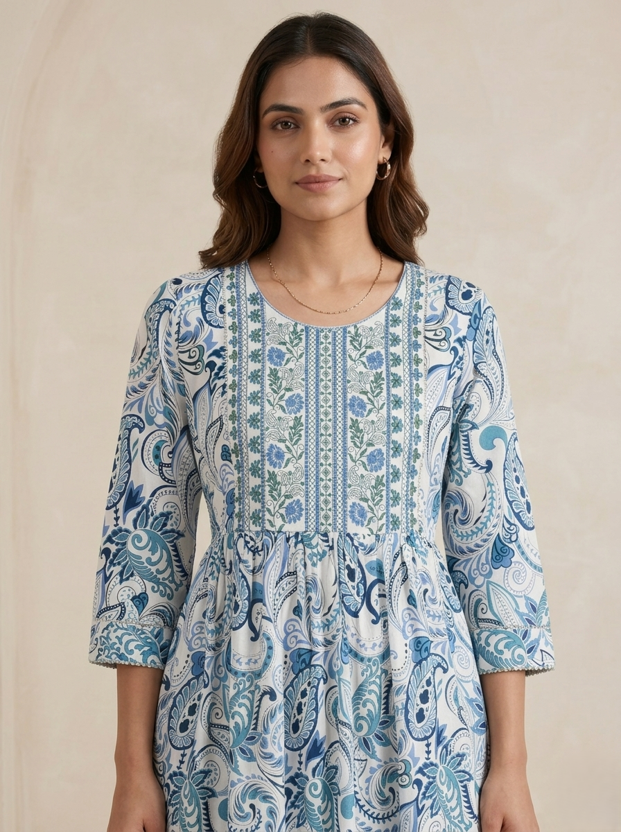 Women's Blue Viscose Rayon Paisley Print Midi Dress