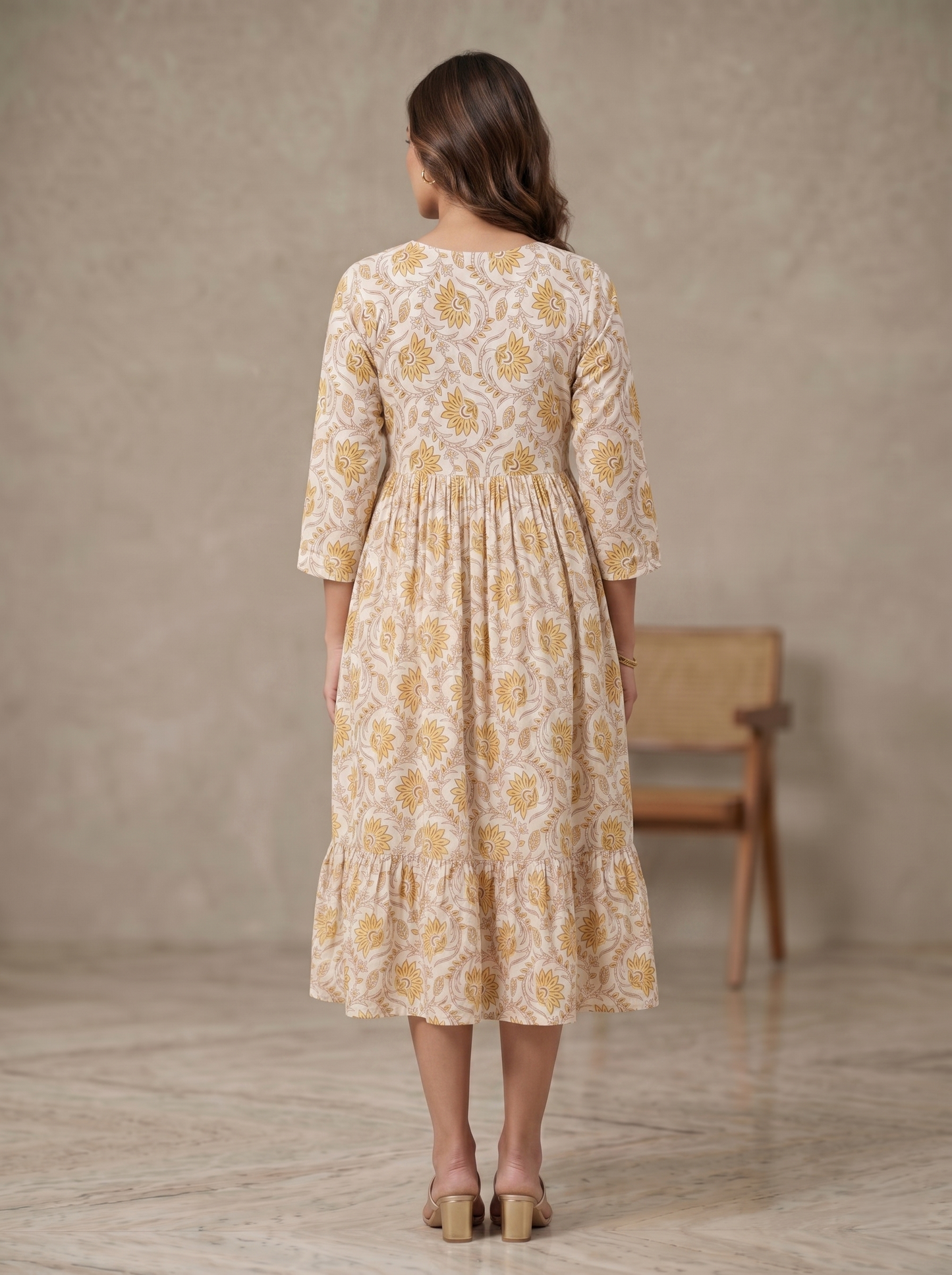 Women's Beige Viscose Rayon Floral Print Midi Dress