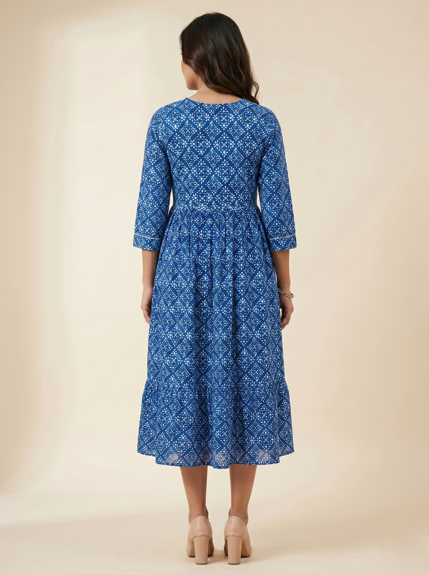 Women's Blue Viscose Rayon Ethnic Print Midi Dress