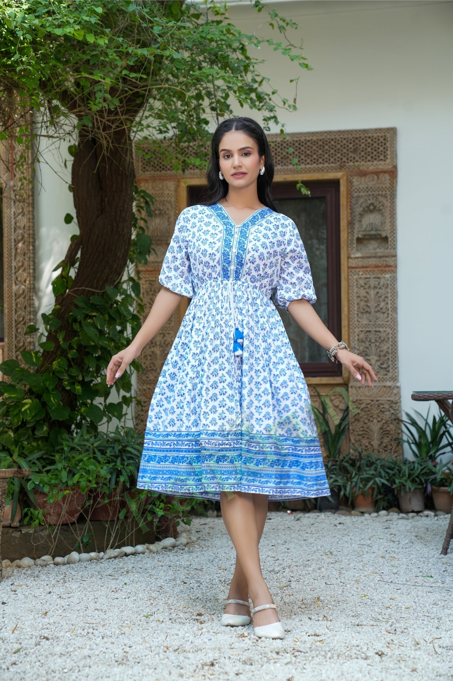 Kalparun Floral Print Rayon Short Dress with Puff Sleeves in Coastal Breeze