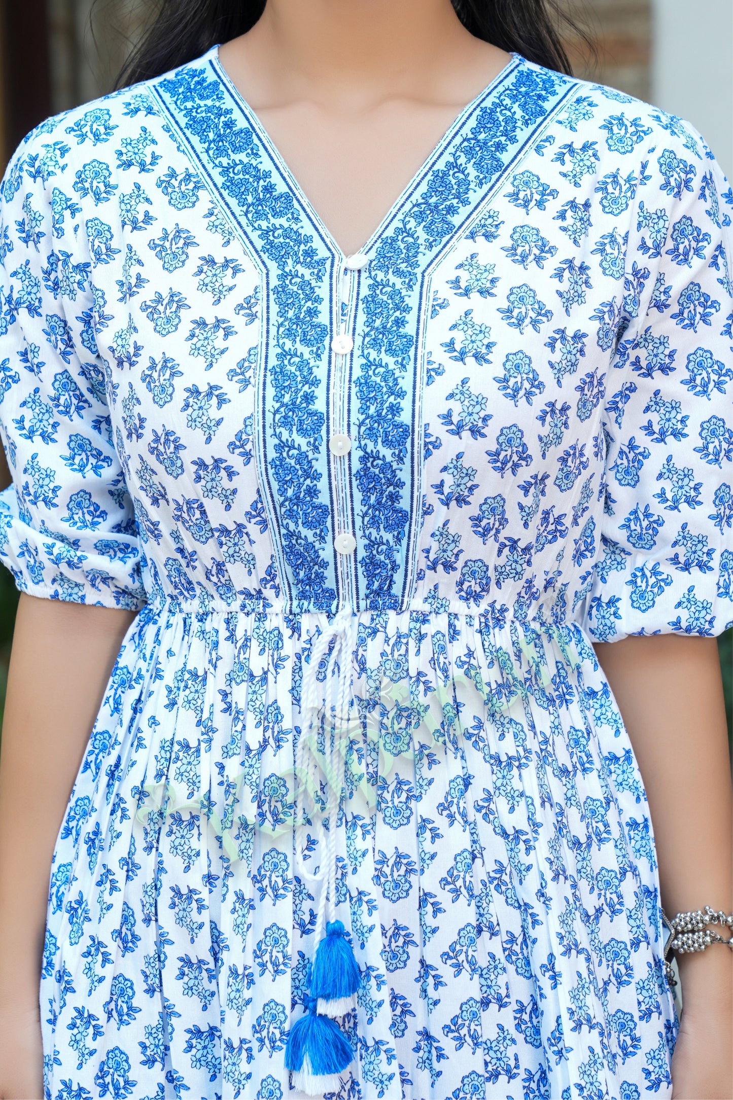 Kalparun Floral Print Rayon Short Dress with Puff Sleeves in Coastal Breeze