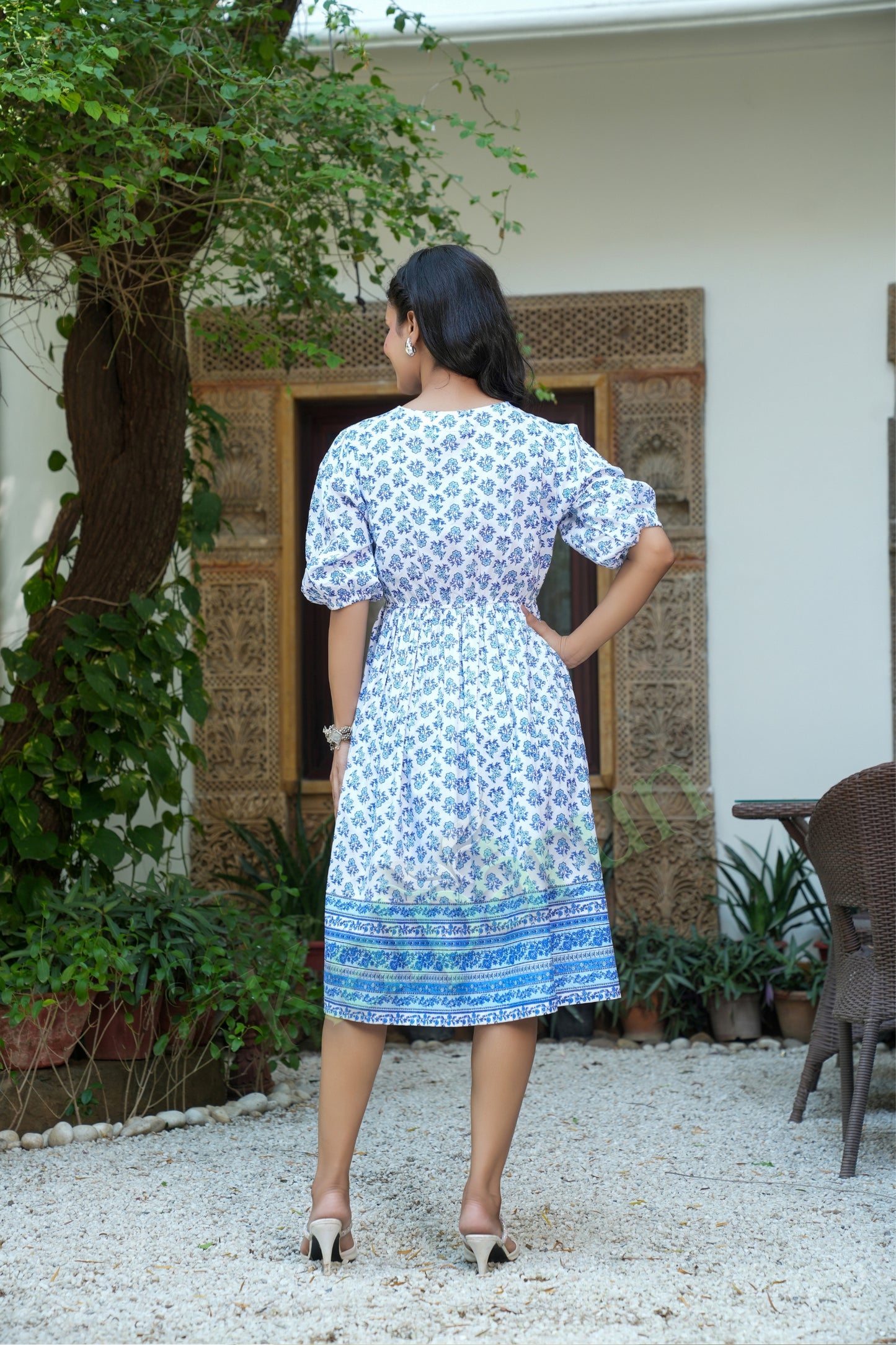 Kalparun Floral Print Rayon Short Dress with Puff Sleeves in Coastal Breeze