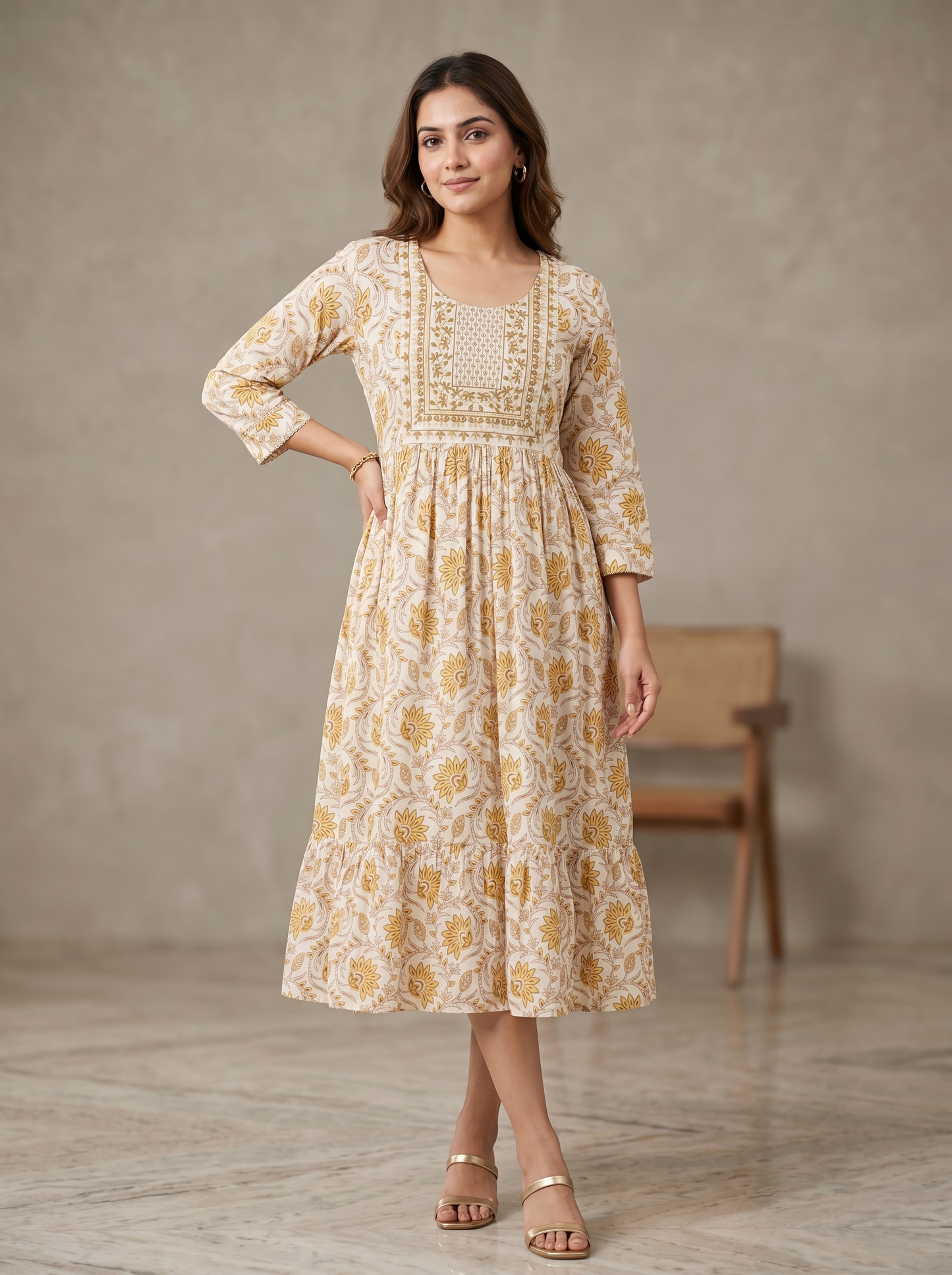 Women's Beige Viscose Rayon Floral Print Midi Dress