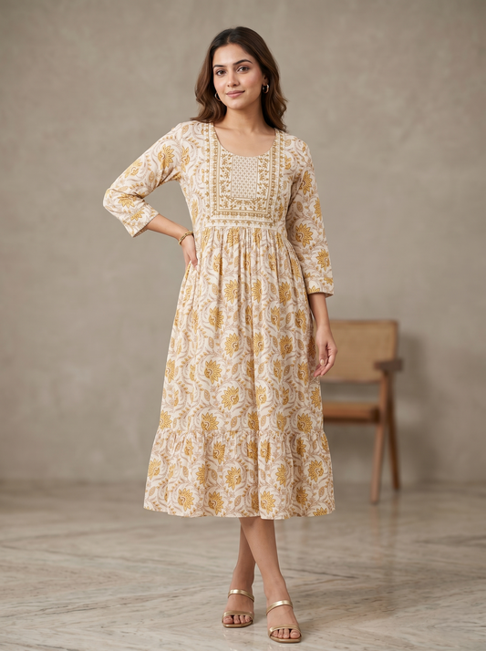 Women's Beige Viscose Rayon Floral Print Midi Dress