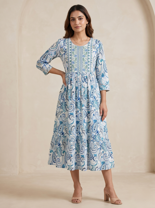 Women's Blue Viscose Rayon Paisley Print Midi Dress