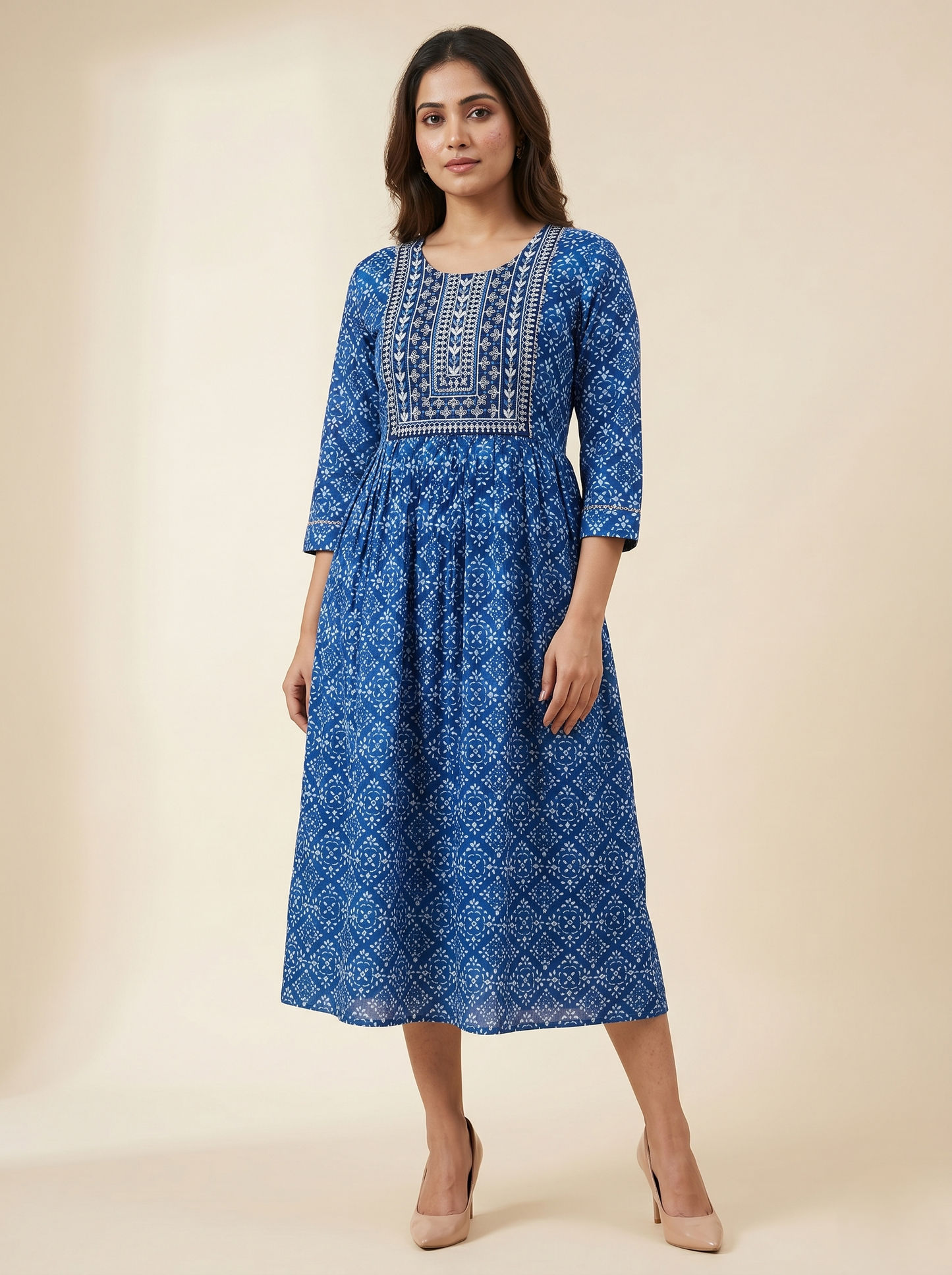 Women's Blue Viscose Rayon Ethnic Print Midi Dress