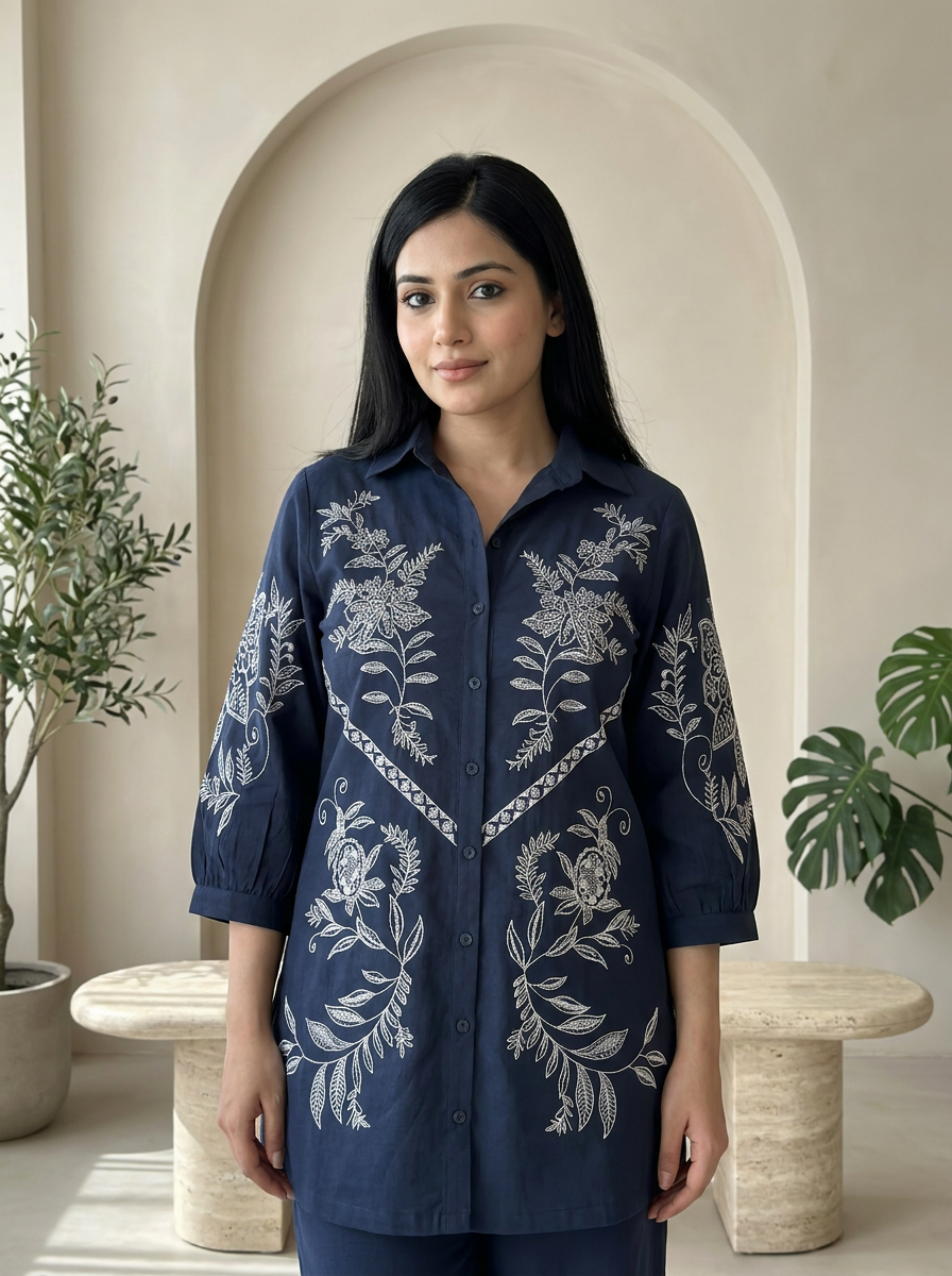 Navy Blue Embroidered Co-ord Set