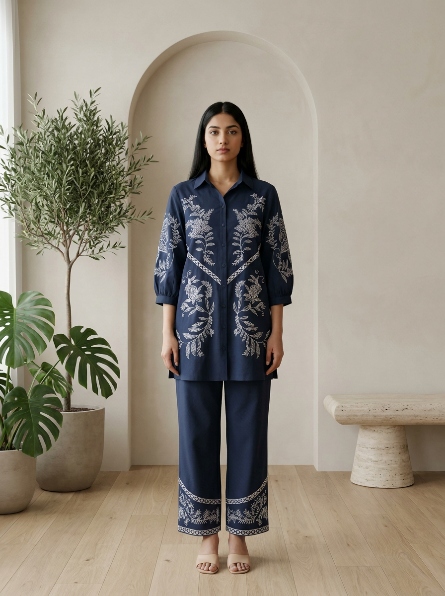 Navy Blue Embroidered Co-ord Set