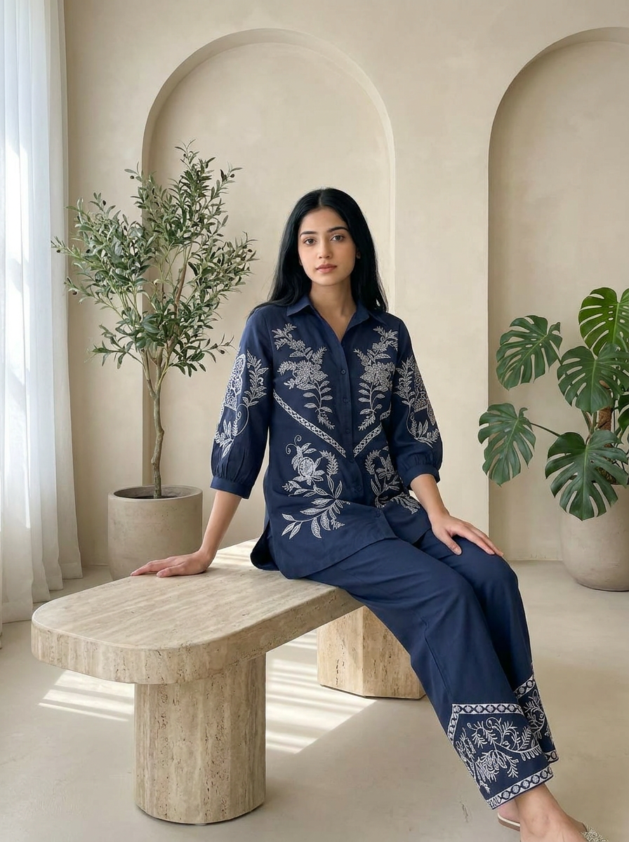 Navy Blue Embroidered Co-ord Set