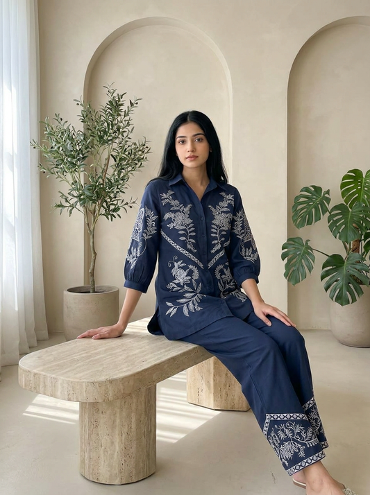 Navy Blue Embroidered Co-ord Set
