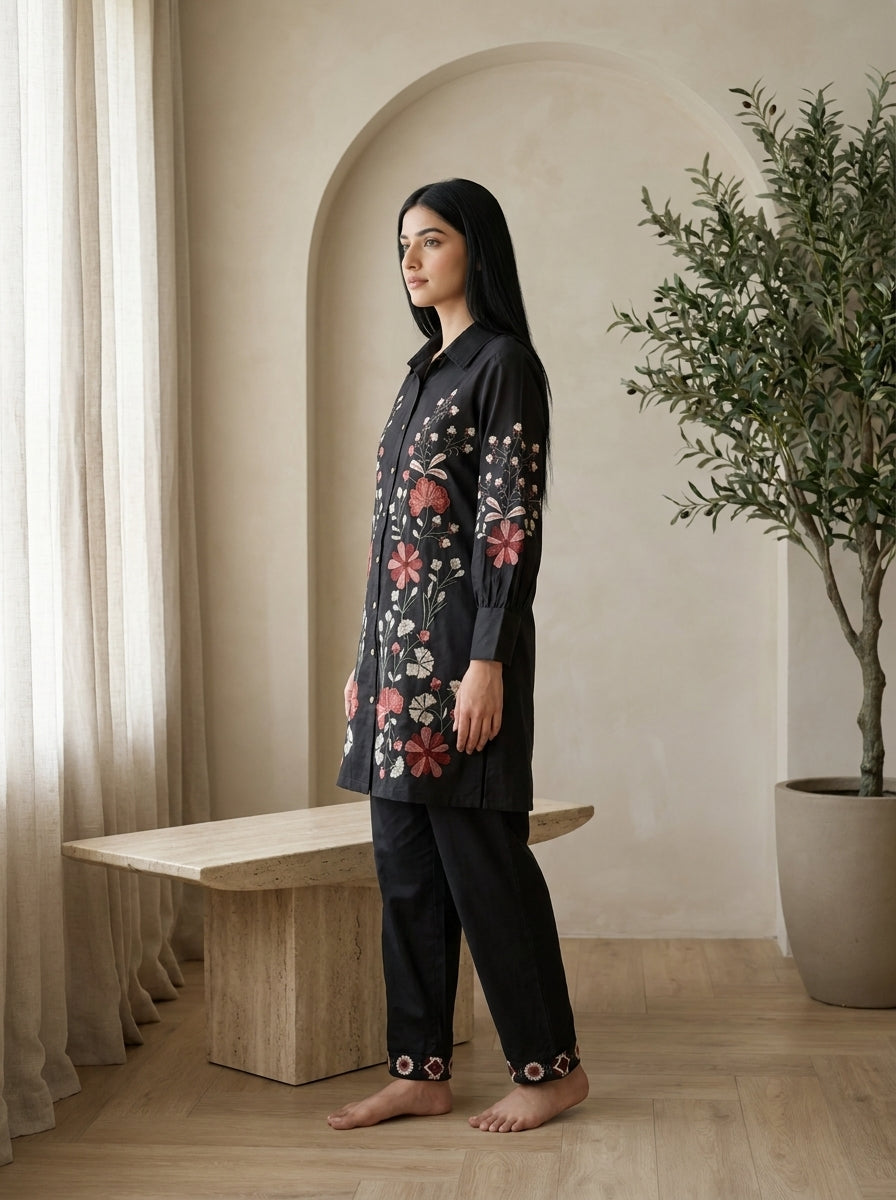 Kalparun Black Floral Embroidered Cotton Co-ord Set
