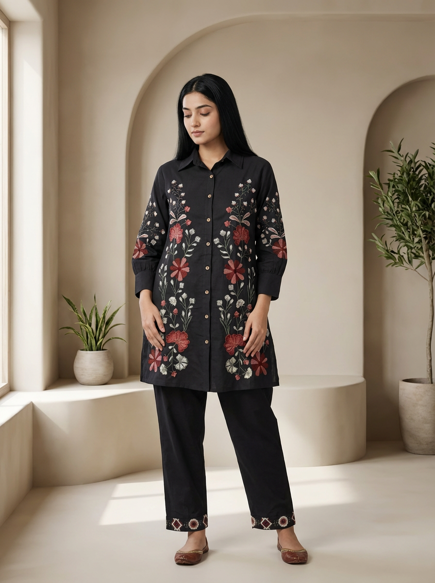 Kalparun Black Floral Embroidered Cotton Co-ord Set