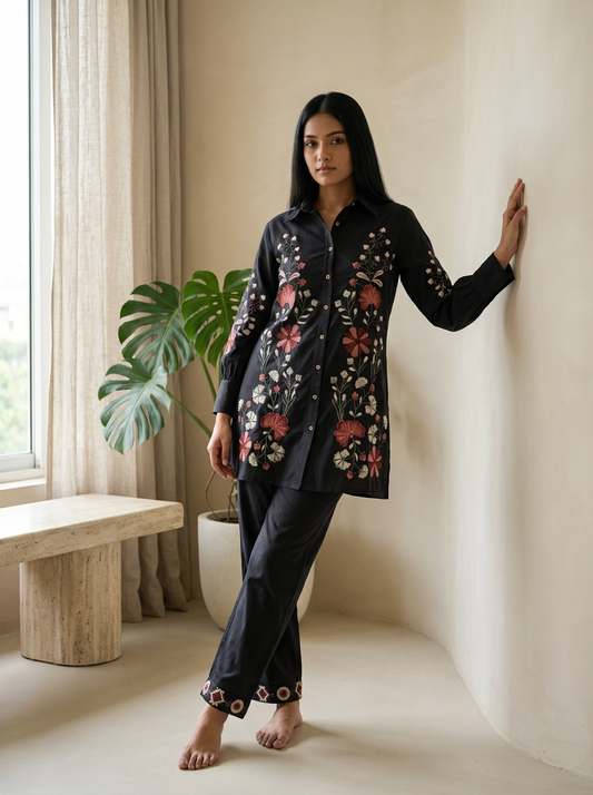 Kalparun Black Floral Embroidered Cotton Co-ord Set
