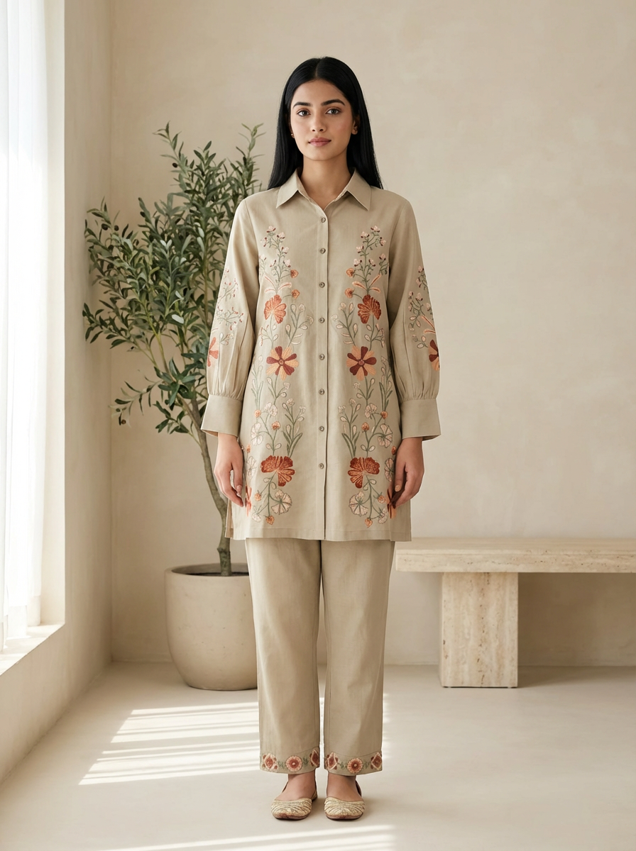 Beige Floral Embroidered Cotton Co-ord Set