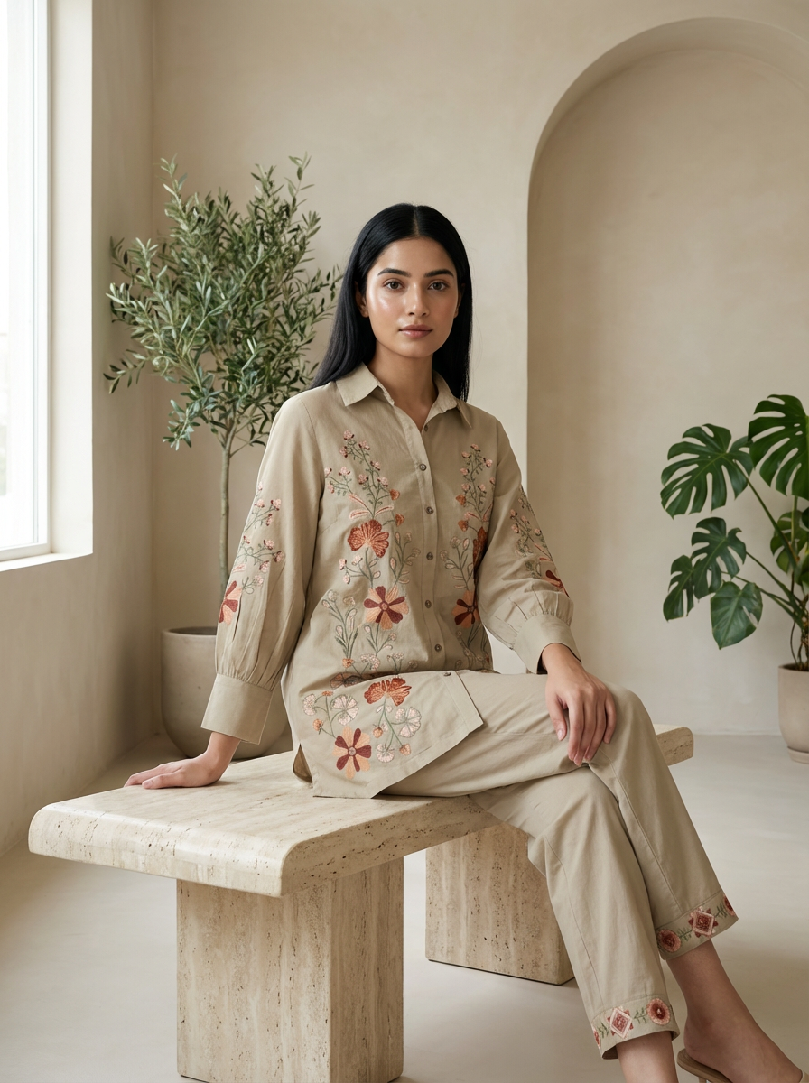Beige Floral Embroidered Cotton Co-ord Set