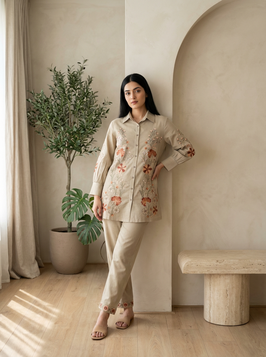 Beige Floral Embroidered Cotton Co-ord Set