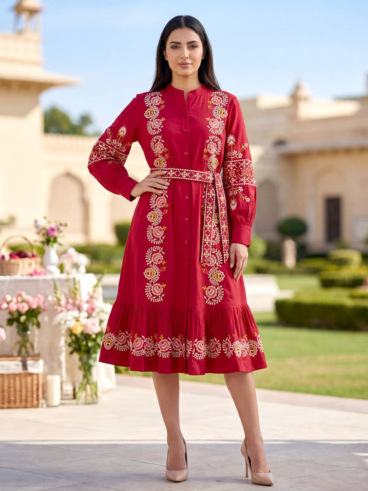 Women’s Red Cotton Floral Embroidered Midi Dress with Belt
