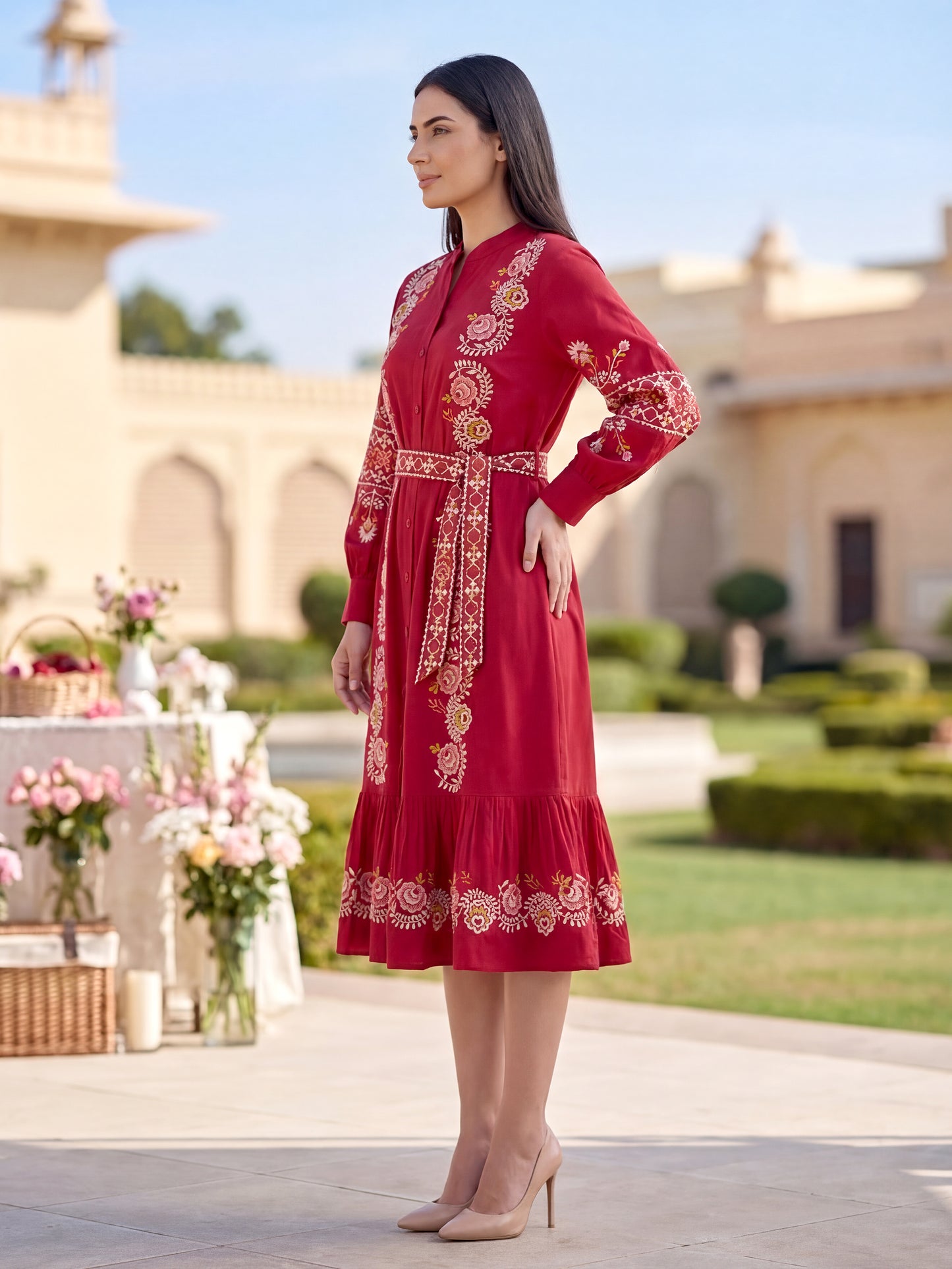 Women’s Red Cotton Floral Embroidered Midi Dress with Belt