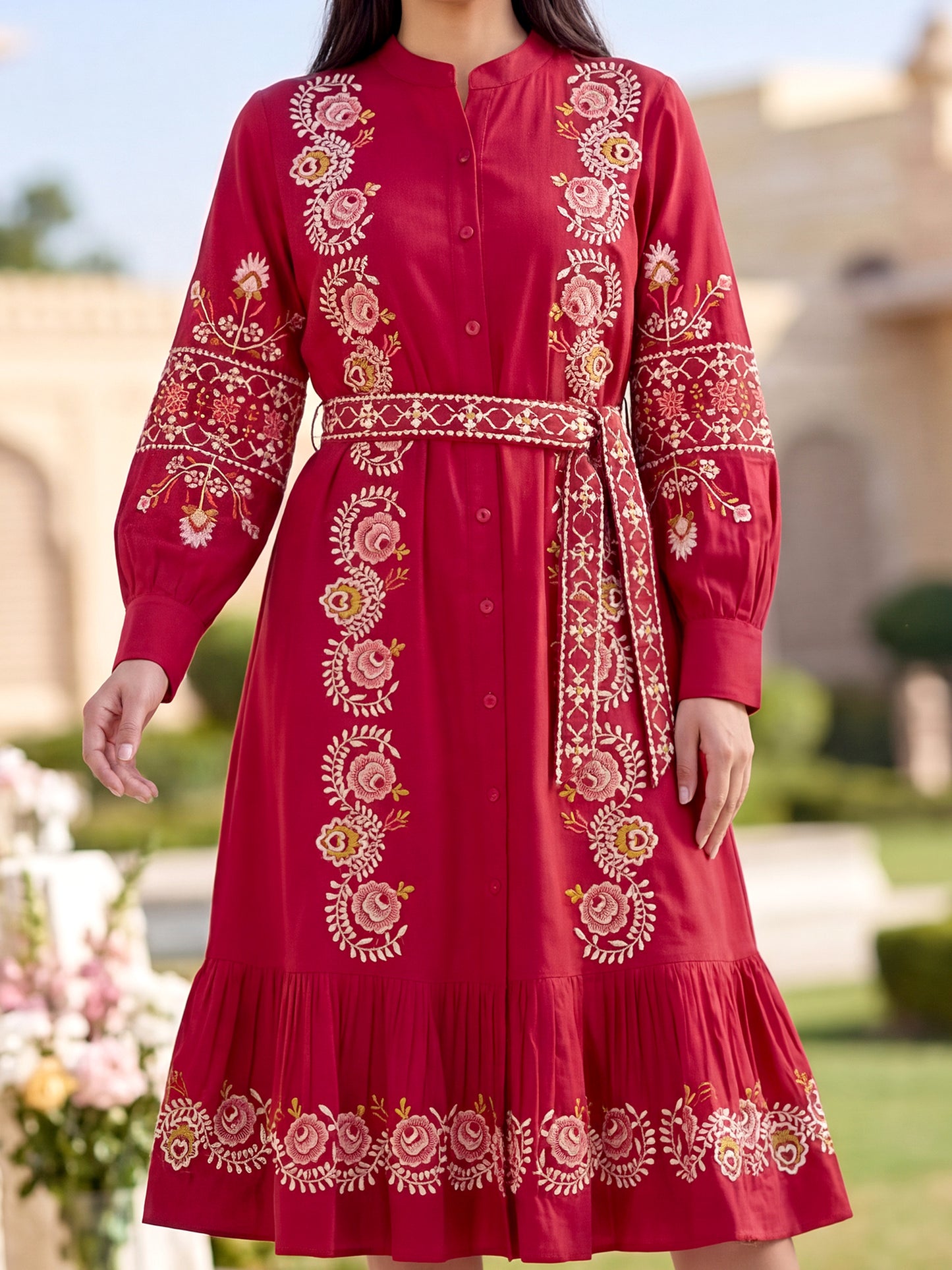 Women’s Red Cotton Floral Embroidered Midi Dress with Belt