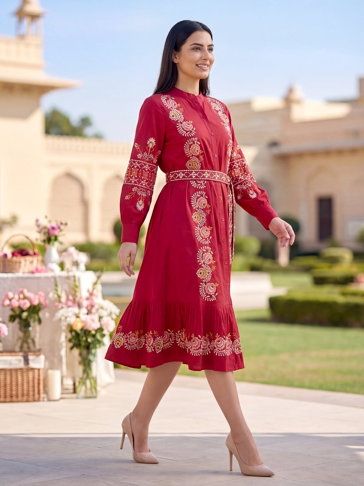 Women’s Red Cotton Floral Embroidered Midi Dress with Belt