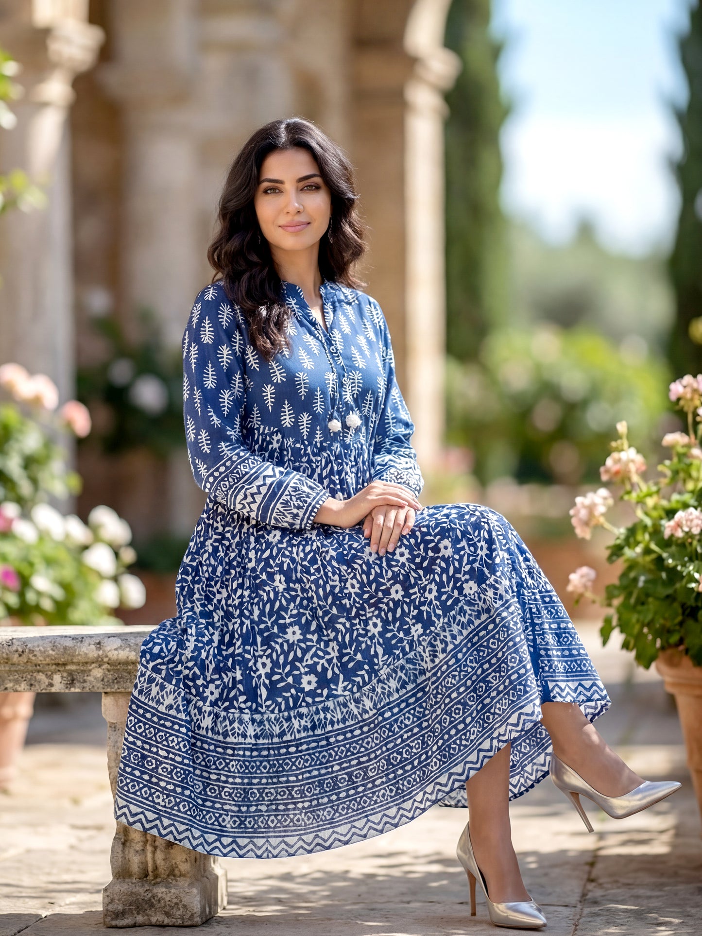 Indigo Daabu Print Cotton Dress