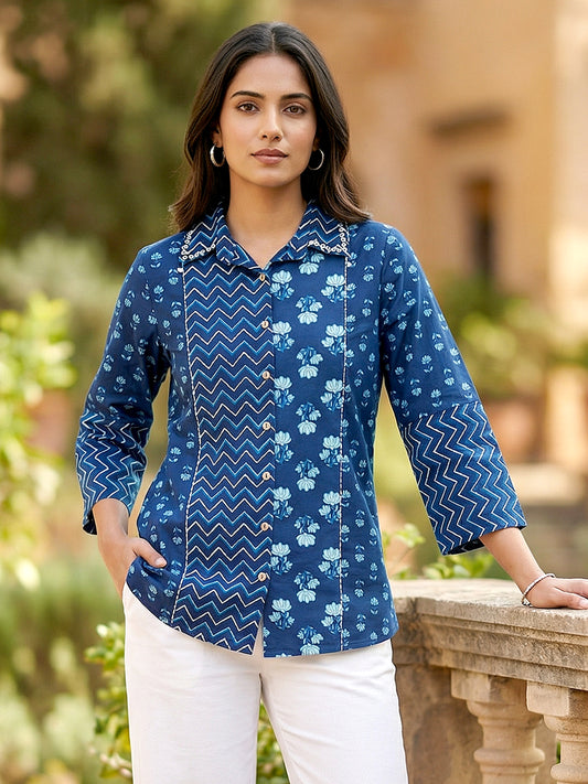 Blue printed cotton shirt for women