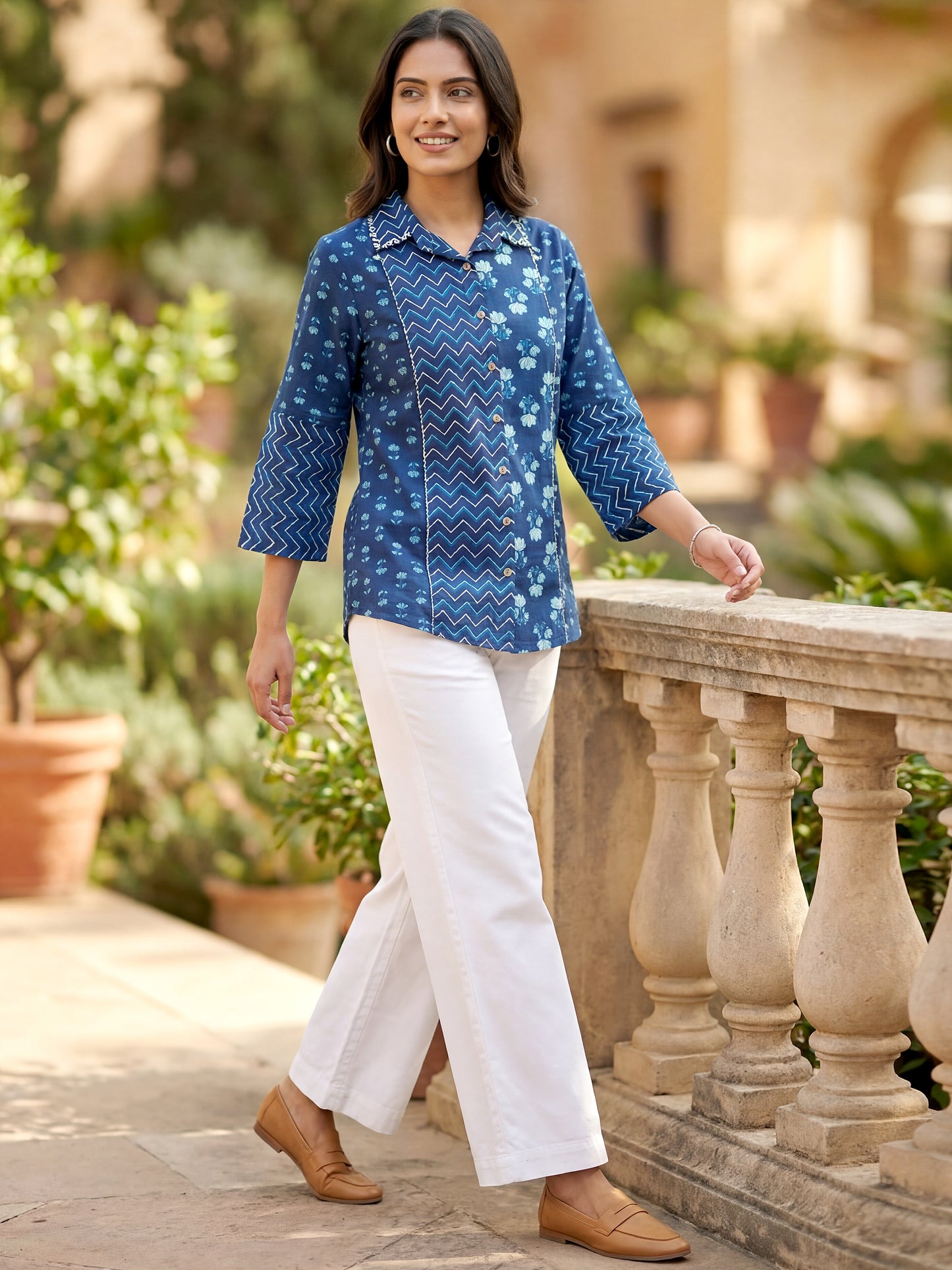 Blue Printed Cotton Shirt for Women
