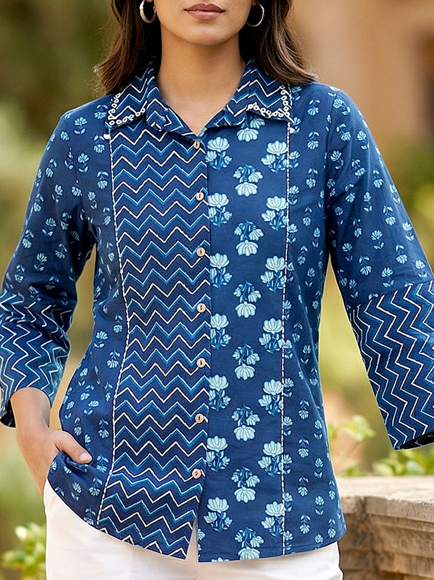 Blue Printed Cotton Shirt for Women